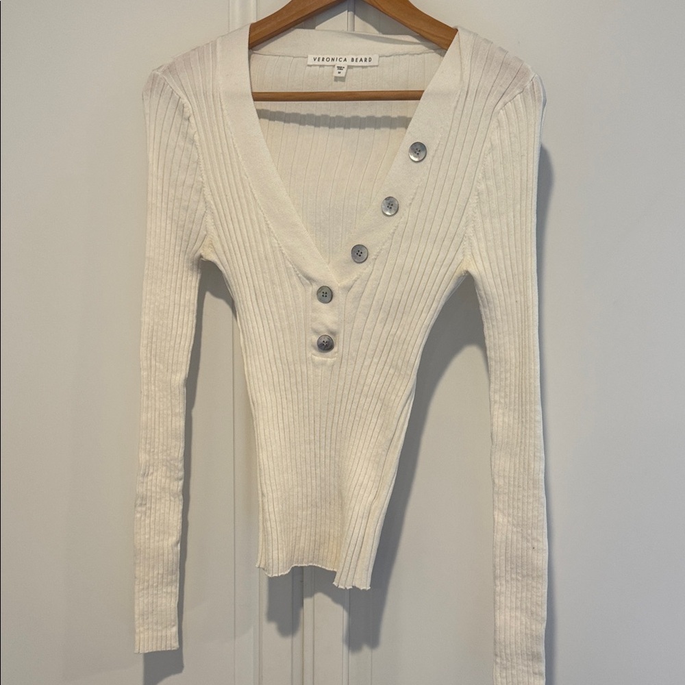 Veronica Beard Cream Ribbed Knit Top